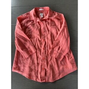 Chicos Sz 0 Medium No-Iron LINEN Button Up Peach Coral Shirt top 3/4 Sleeve